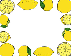 Lemons whole and slice rectangle frame. Bright summer template with yellow citrus fruits. Vector graphic line ink illustration with empty space for text. Design for menu, package, cosmetic, textile.