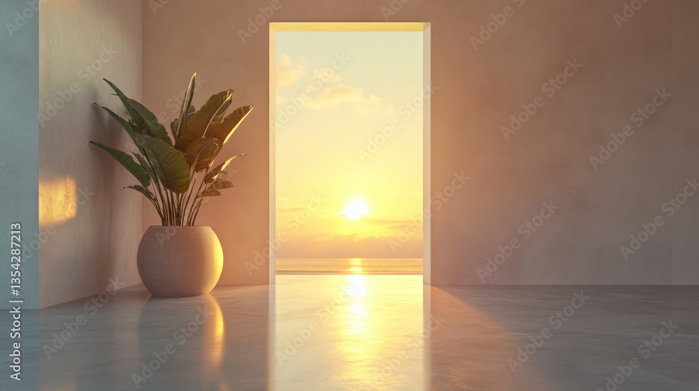 Poster a serene sunrise spills through an open doorway, reflected softly in a minimalist room, creating a p