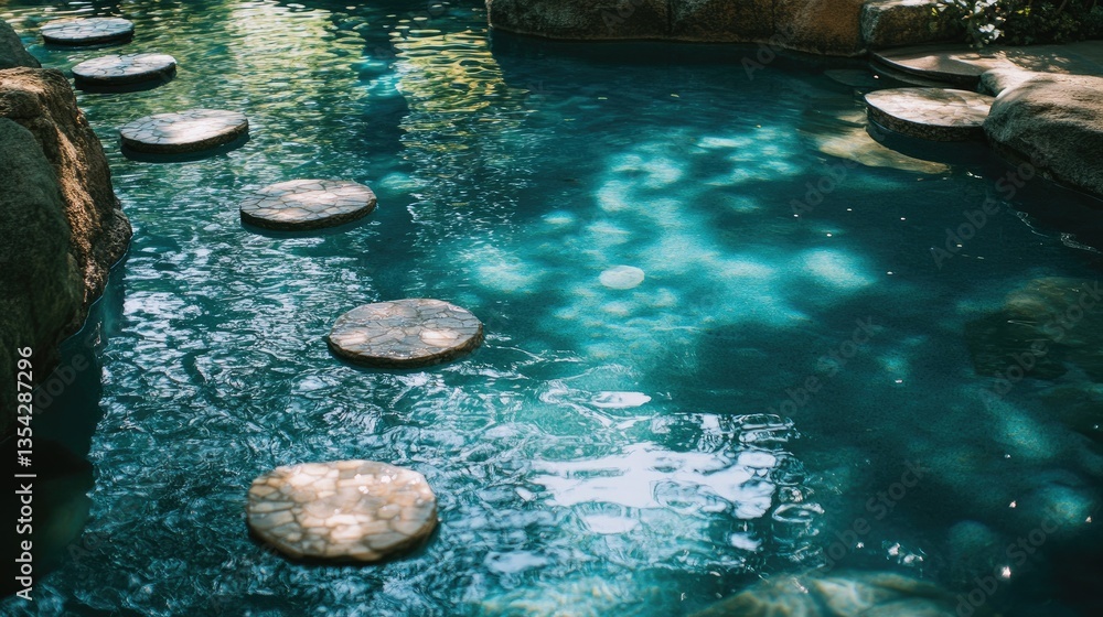 Poster a serene turquoise pool with shallow, reflective water and subtly patterned stones, offering a calm 