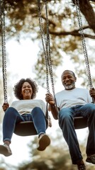 Obraz premium Couple enjoying swings in a park surrounded by trees