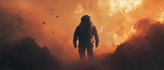 Fototapeta premium Astronaut stands amidst dust and cosmic storm.