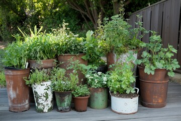 Lush Herb Garden in Rustic Metal Pots on Wooden Deck.