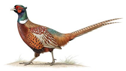 Realistic Pheasant Illustration in Side Profile with Vibrant Plumage and Long Tail Feathers isolated on a white background