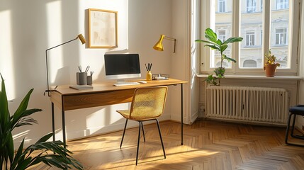 Cozy and Bright Home Office Space with Natural Light and Modern Decor Elements for Productive Work