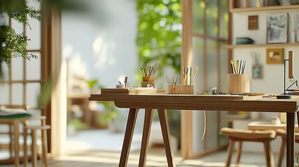 Bright and Inviting Artist Studio with Wooden Table and Creative Supplies in Natural Light