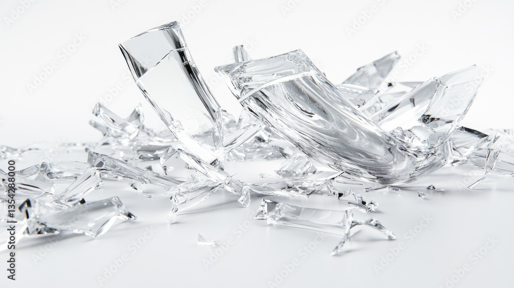 Poster a shattered glass bowl broken into pieces, with sharp edges scattered across a clean white backgroun