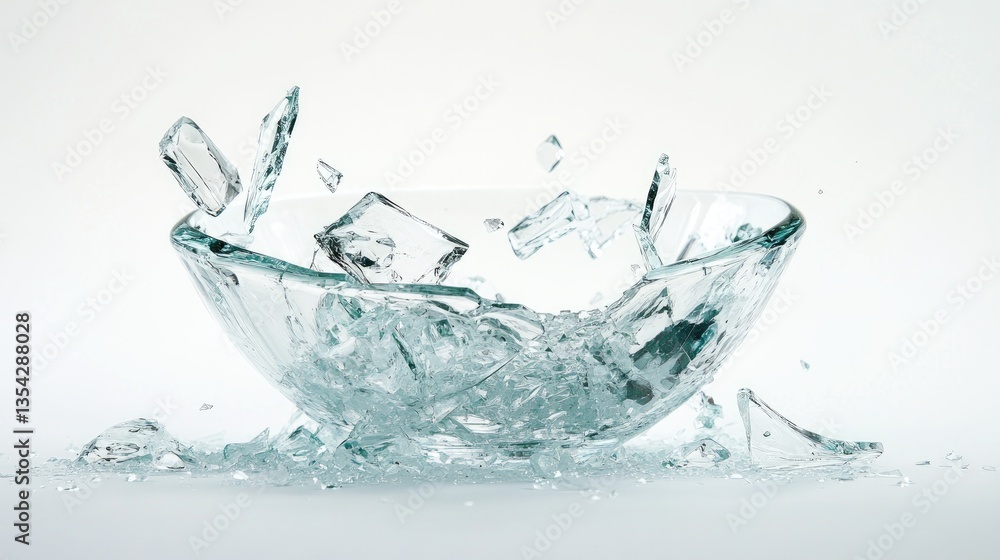 Poster a shattered glass bowl broken into pieces, with sharp edges scattered across a clean white backgroun