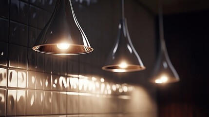 Modern pendant lamps illuminating a kitchen with tiled backsplash