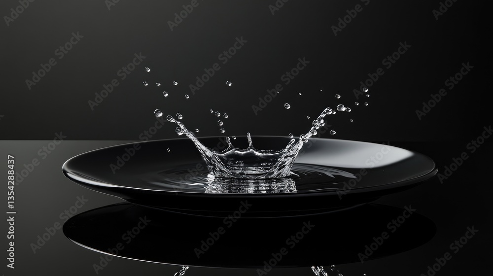 Poster A single water droplet splashing on a glossy black plate, captured in a minimalist setting with perfect symmetry and reflection.