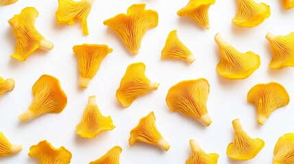 Naklejka premium Chanterelle mushrooms isolated with fine gill details and vibrant yellow-orange hues, arranged symmetrically on a clean white background for a modern look.