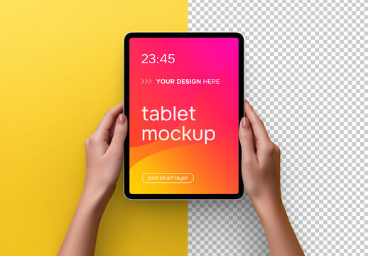 Two hands holding an ipad &ndash; mockup