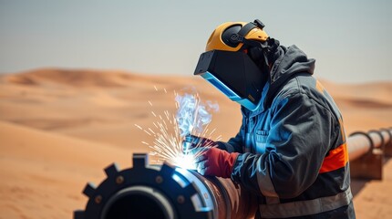 Fototapeta premium Skilled Welder Working on Desert Pipeline with Sparks Flying Amid Scenic Landscape