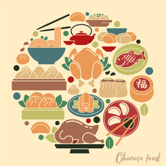 Traditional Chinese food. Circle of flat icons in vintage styles. Symbols of traditional Chinese dishes