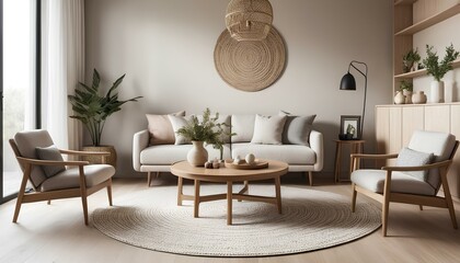 Modern style living room with a neutral color palette, mainly beige and natural wood. The room is decorated with wooden furniture.