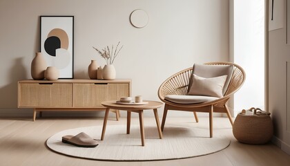 Modern and minimalist living room with a neutral color palette dominated by beige, cream, and light wood tones. The room features a sleek wooden armchair with a cozy throw.