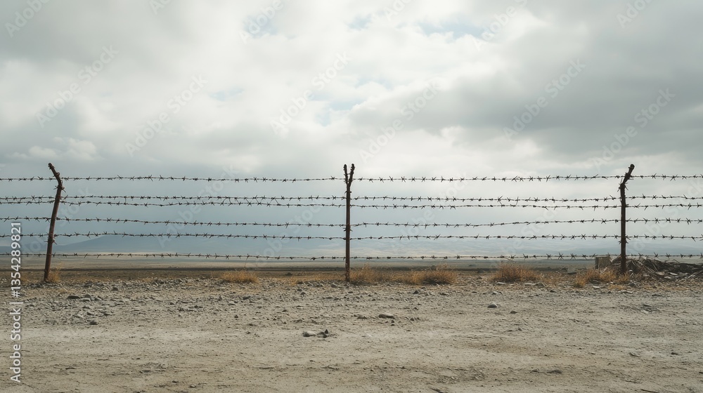Poster A solitary barbed wire fence in the midst of an empty space, invoking thoughts of boundaries and isolation.