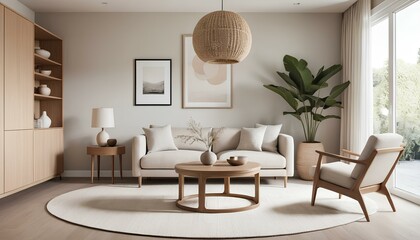 Minimalist living room with a warm and neutral color palette dominated by cream, beige, and light wood tones.