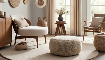 Minimalist living room with a warm and neutral color palette dominated by cream, beige, and light wood tones.