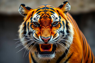 Obraz premium Fierce Angry Tiger Showing Its Intense Expression, Ready to Pounce in a Powerful Display of Strength, Vibrant Wallpaper