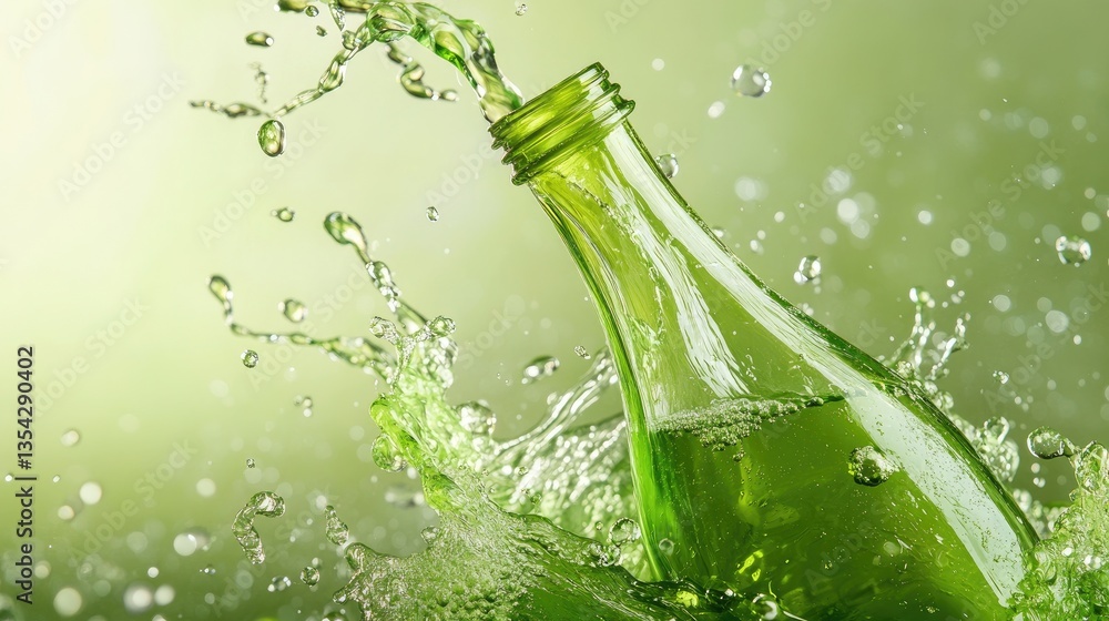 Poster a splash of fresh green liquid pouring from an open bottle in a studio setting, frozen in fluid moti