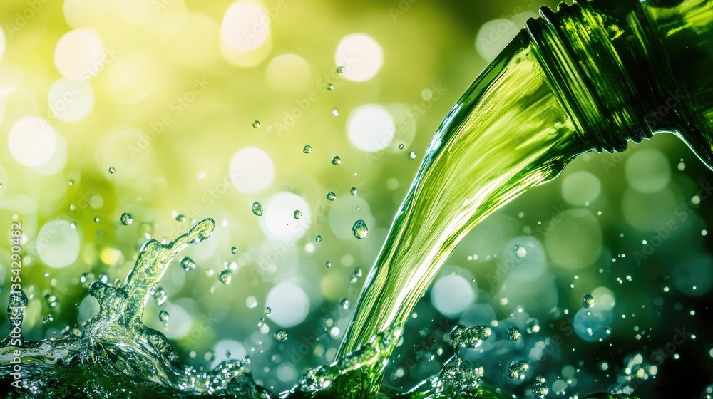 Poster a splash of fresh green liquid pouring from an open bottle in a studio setting, frozen in fluid moti