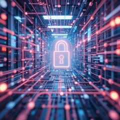 Security  patch management concept. A futuristic digital landscape featuring a glowing padlock, symbolizing cybersecurity and data protection amid vibrant circuits and lines.