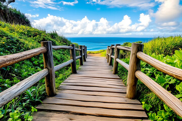 Wooden pathway leading to ocean view, framed by lush greenery, under a bright blue sky and puffy clouds, creating a scenic and inviting coastal landscape
