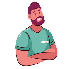 Male nurse cartoon avatar. Funny happy man with beard and green uniform standing with arms crossed, nurse and hospital specialist. Cartoon cute medical orderly, surgeon portrait vector illustration
