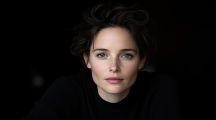 Close-up portrait of a woman with a neutral expression.  