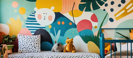 A kid-friendly wall design featuring vibrant wallpaper and captivating murals. The artwork is playful, full of energy, and designed to engage young minds, bringing color and life into the  