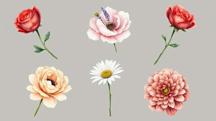 Elegant Floral Collection Roses Anemone Daisy Dahlia Illustrations