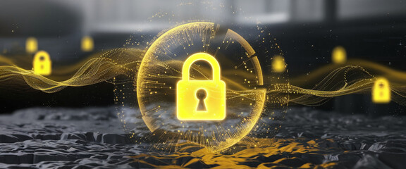 Glowing yellow padlock icon within a digital sphere, set against a dark, textured background, symbolizing cybersecurity and data protection