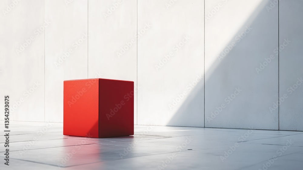 Poster a striking red cube against a pristine white cubic wall, showcasing a powerful contrast in geometric