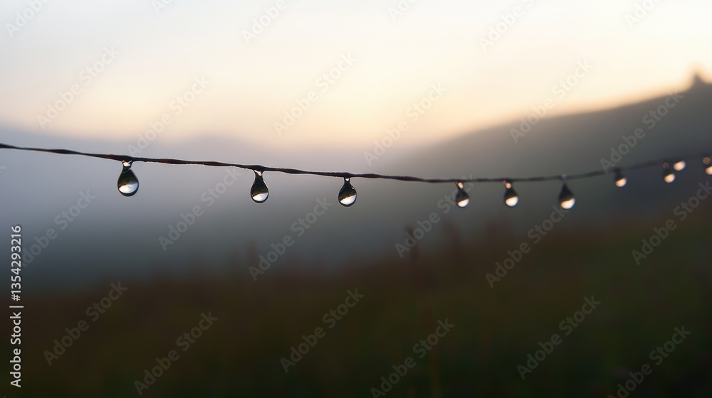 Poster a string of dew-covered drops in the misty mountain air, capturing the tranquility of early morning 