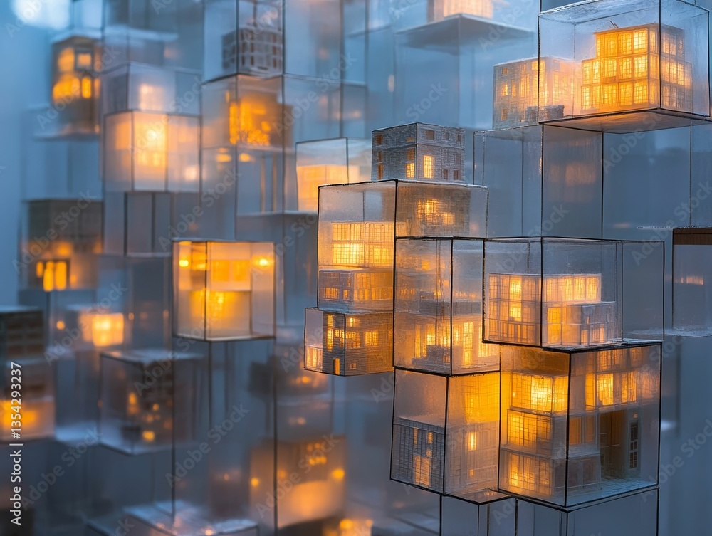 Poster illuminated model buildings displayed in transparent boxes create warm glows.