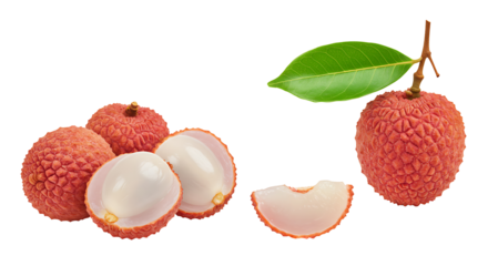 A sequence of fresh Lychee displayed in four variations a whole Lychee, an Lychee cut in half revealing