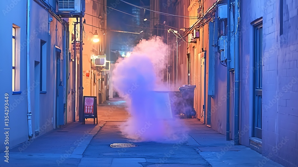 Poster mysterious alleyway with colorful fog and soft lighting creating an enigmatic atmosphere at night
