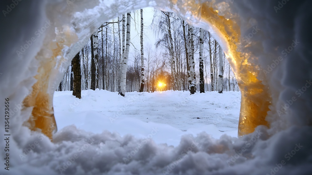 Poster scenic winter forest view through ice arch with sparkling sunlight and snowy trees in background