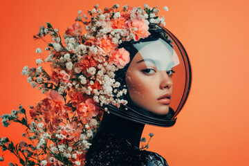 Woman with helmet surrounded by beautiful flowers