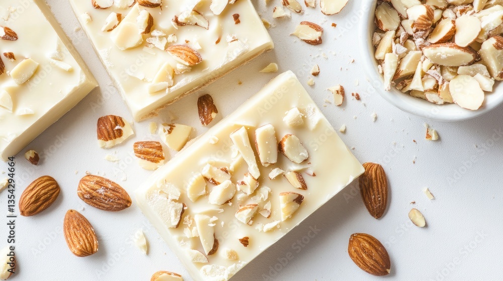 Poster a tempting display of white chocolate almond bars on a clean white surface, highlighting their smoot