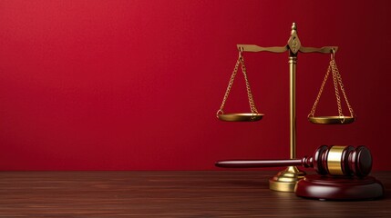 A gold scale and gavel on a wooden table against a red background, symbolizing justice and law.