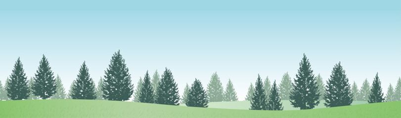 Seamless Hilly Forest Landscape Vector Background Illustration. Horizontally Repeatable.
