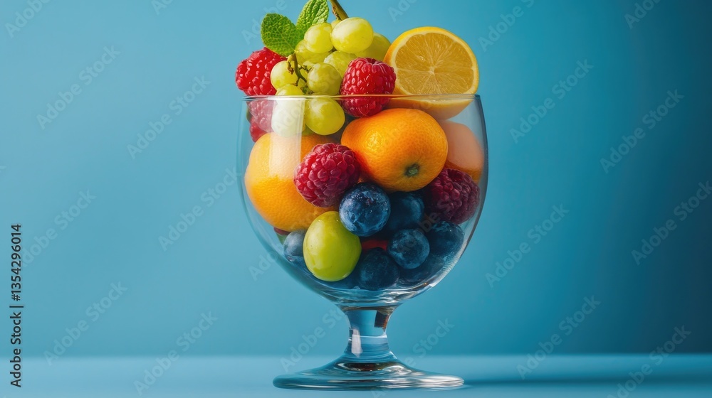 Poster a vibrant glass goblet overflowing with colorful fruits, shot in a studio setting with bright lighti