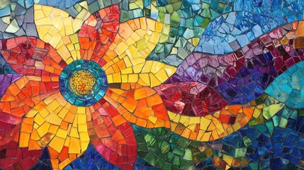 A vibrant glass mosaic art piece with multicolored tiles forming a beautiful, intricate design, bursting with color and creativity.