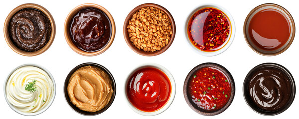 Variety of Seasonings in Bowls Including Sauces, Pastes, and Toppings for Diverse Culinary Applications and Flavor Enhancements. Piquant food set.