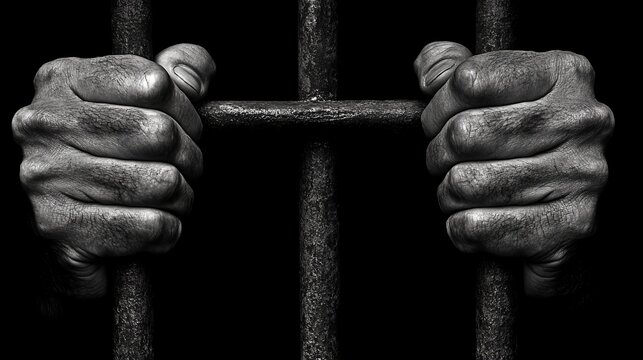 Close-up of hands gripping steel prison bars, emphasizing imprisonment and restriction with a strong grip, isolated on transparent background for confinement-themed visuals.