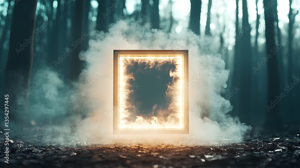 Poster mysterious glowing frame surrounded by mist in dark forest with ethereal and surreal atmosphere