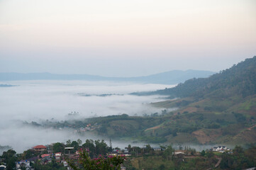 Beautiful scenery and morning mist at Khao Kho Viewpoint Famous winter attractions in Phetchabun, Thailand.