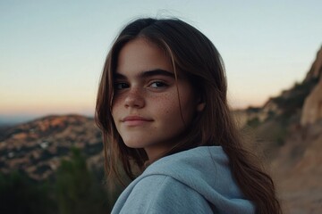 Fototapeta premium Teen Girl Outdoors at Sunset with Mountains in Background.
