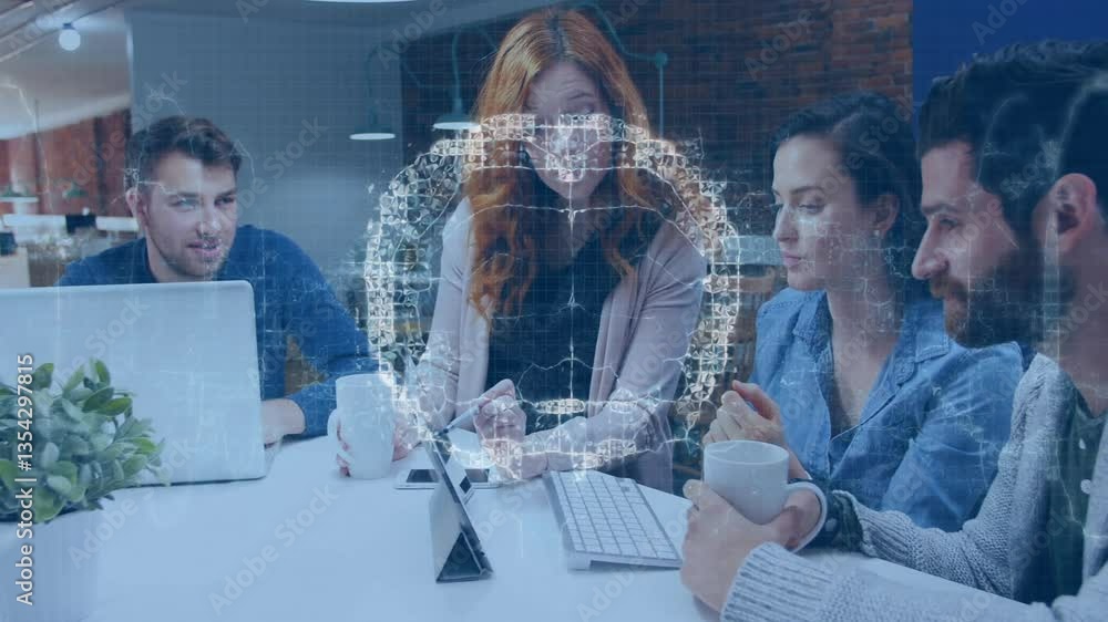 Poster diverse team collaborating at office with digital network animation overlay